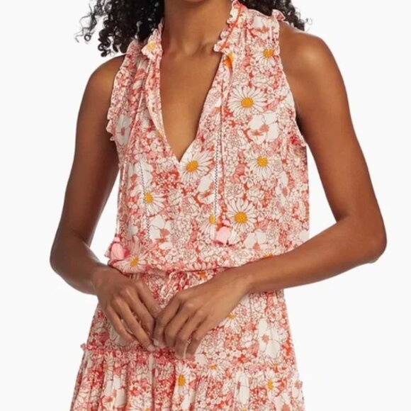 Poupette St Barth Dress Clara Floral Tiered Sleeveless Ruffle Orange Size Medium - Picture 1 of 8